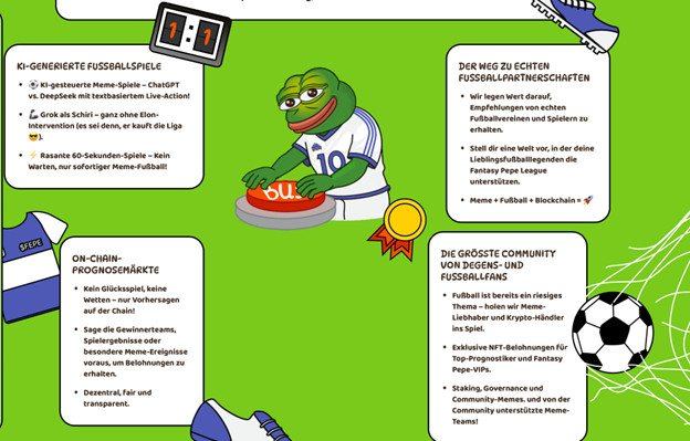 Infografik mit einem Cartoon-Frosch im Fußballtrikot, der auf eine Klingel drückt, mit Textfeldern auf Deutsch zu KI-generierten Fußballspielen, der SOLX-Blockchain und Fan-Communitys auf grünem Hintergrund.