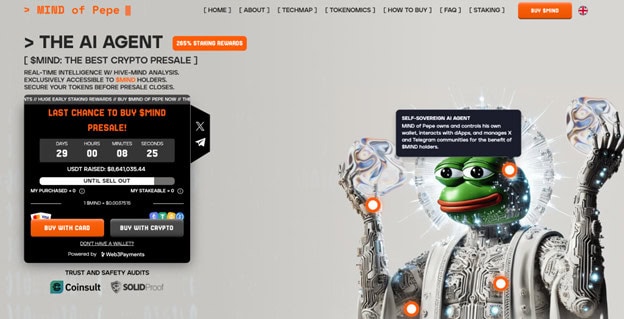 Screenshot einer Website, die für MIND wirbt, einen Krypto-Vorverkauf mit KI-Thema, auf dem eine Roboterfigur mit einem Pepe-der-Frosch-Gesicht zu sehen ist und die Möglichkeit bietet, Token per Karte oder Kryptowährung zu kaufen.