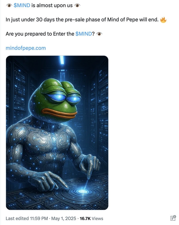 Eine menschenähnliche Figur mit einem Pepe-der-Frosch-Kopf steht in einem futuristischen Raum und interagiert mit einer leuchtenden digitalen Schnittstelle, die schwebende Münzen anzeigt.