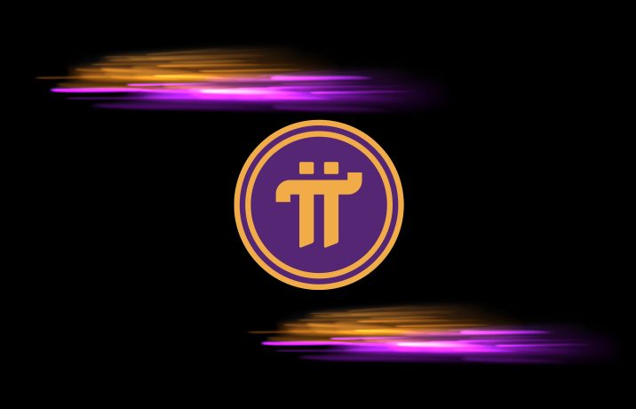 Ein rundes lila-goldenes Pi Network-Logo mit dem Pi-Symbol ist auf einem schwarzen Hintergrund zentriert, darüber und darunter leuchten orange-violette Lichtstreifen.