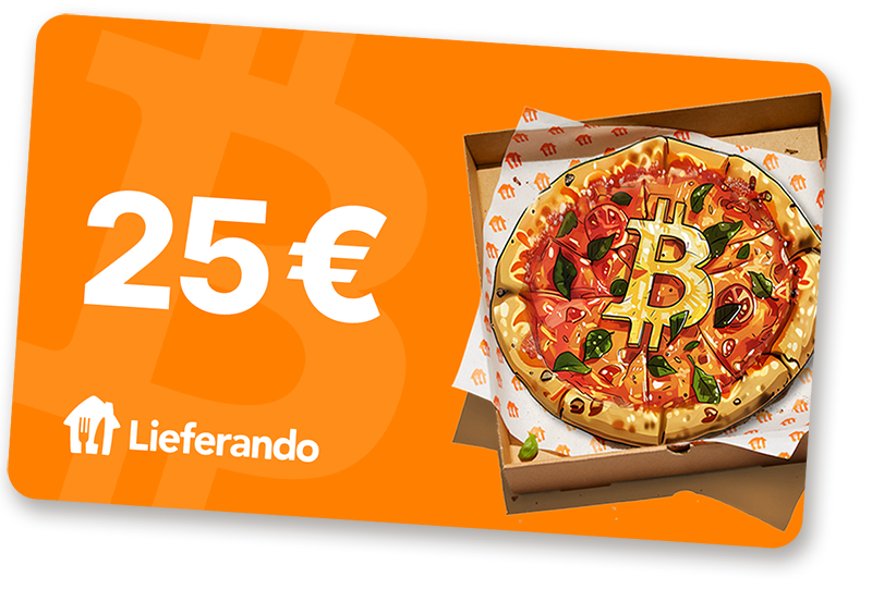 Eine orangefarbene Gutscheinkarte mit 25 € Lieferando und einer Pizza im Karton, versehen mit einem Bitcoin-Symbol aus Belag – ein perfektes Geschenk für Feinschmecker und Bitcoin-Enthusiasten gleichermaßen.
