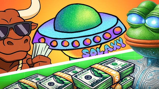 Karikatur eines Stiers mit Sonnenbrille, der Bargeld und Münzen hält, eines UFOs mit der Aufschrift SOLAKY und eines Frosches neben Geldstapeln auf einem grünen Gitterhintergrund.
