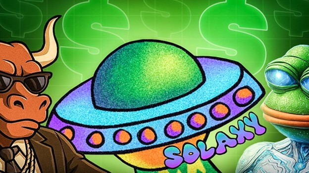 Ein Cartoon-Bulle im Anzug, ein buntes UFO und ein humanoider Frosch mit dem Text „SOLAKY“ auf einem grünen Hintergrund voller Dollarzeichen fangen den verspielten Geist von Memecoins ein.