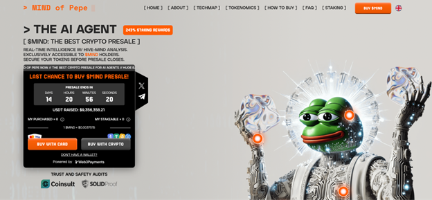 Eine digitale Anzeige für den Krypto-Vorverkauf von MIND of Pepe-Memecoins mit einem Roboter-Pepe dem Frosch, einem Countdown-Timer, Kaufoptionen und Sicherheitsabzeichen.