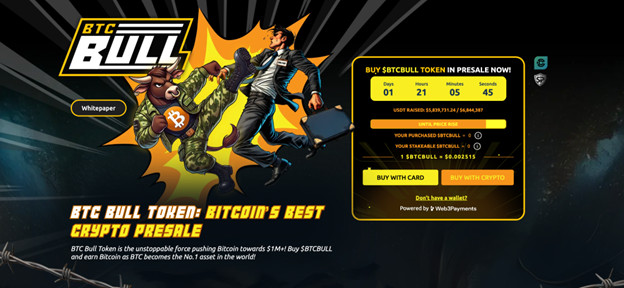 Ein Cartoon-Bulle im Anzug jagt einen flüchtenden Geschäftsmann mit Aktentasche. Rechts sind ein Countdown-Timer für den Vorverkauf und Kaufoptionen für BTC Bull Token zu sehen, was die Begeisterung für Memecoins in den Mittelpunkt rückt.