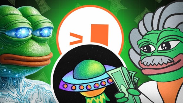 Illustration mit Pepe dem Frosch als Cyborg, einem Cartoon-Wissenschaftlerfrosch mit SOLX-Münzen und -Geld, einem UFO und technisch anmutenden Symbolen auf grünem Hintergrund mit schwebenden Dollarscheinen.