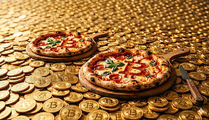 Eine detaillierte Nahaufnahme im Stil der Food-Fotografie, die zwei handwerklich hergestellte, holzgefeuerte Pizzen auf runden Holzbrettern zeigt, eingebettet in ein endloses Meer aus glänzenden, geprägten goldenen Bitcoin-Münzen. Beide Pizzen haben klassische Toppings aus schmelzendem Mozzarella-Käse, Tomatensauce, Peperoni und frischen Basilikumblättern. Das ikonische 'B'-Symbol des Bitcoin-Logos ist auf beiden Pizzen mithilfe von Peperonis und geschmolzenem Käse prominent geformt. Die Pizza im Vordergrund ist etwas größer und deutlicher im Fokus, wobei das Bitcoin-Symbol und der frische Basilikum scharf zu erkennen sind. Die Pizza im Hintergrund ist leicht versetzt und ebenfalls vollständig sichtbar, mit einem ähnlichen Belag und einem klar erkennbaren Bitcoin-Symbol. Ein Rustikales Steakmesser mit Holzgriff liegt rechts neben der vorderen Pizza auf den Münzen. Der Hintergrund besteht vollständig aus unzähligen goldenen Bitcoin-Münzen, die eine texturierte, metallische Landschaft bilden und in die Unschärfe übergehen. Das warme, goldene Licht hebt die Texturen der Pizza-Krusten, den Glanz des Käses und die Prägungen der Bitcoin-Münzen hervor. Die Pizzen ruhen direkt auf dem Bett aus Münzen. Das Bild ist aus einer leicht erhöhten Perspektive aufgenommen und feiert den Bitcoin Pizza Day.