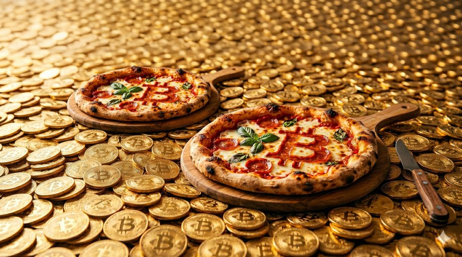 Eine detaillierte Nahaufnahme im Stil der Food-Fotografie, die zwei handwerklich hergestellte, holzgefeuerte Pizzen auf runden Holzbrettern zeigt, eingebettet in ein endloses Meer aus glänzenden, geprägten goldenen Bitcoin-Münzen. Beide Pizzen haben klassische Toppings aus schmelzendem Mozzarella-Käse, Tomatensauce, Peperoni und frischen Basilikumblättern. Das ikonische 'B'-Symbol des Bitcoin-Logos ist auf beiden Pizzen mithilfe von Peperonis und geschmolzenem Käse prominent geformt. Die Pizza im Vordergrund ist etwas größer und deutlicher im Fokus, wobei das Bitcoin-Symbol und der frische Basilikum scharf zu erkennen sind. Die Pizza im Hintergrund ist leicht versetzt und ebenfalls vollständig sichtbar, mit einem ähnlichen Belag und einem klar erkennbaren Bitcoin-Symbol. Ein Rustikales Steakmesser mit Holzgriff liegt rechts neben der vorderen Pizza auf den Münzen. Der Hintergrund besteht vollständig aus unzähligen goldenen Bitcoin-Münzen, die eine texturierte, metallische Landschaft bilden und in die Unschärfe übergehen. Das warme, goldene Licht hebt die Texturen der Pizza-Krusten, den Glanz des Käses und die Prägungen der Bitcoin-Münzen hervor. Die Pizzen ruhen direkt auf dem Bett aus Münzen. Das Bild ist aus einer leicht erhöhten Perspektive aufgenommen und feiert den Bitcoin Pizza Day.