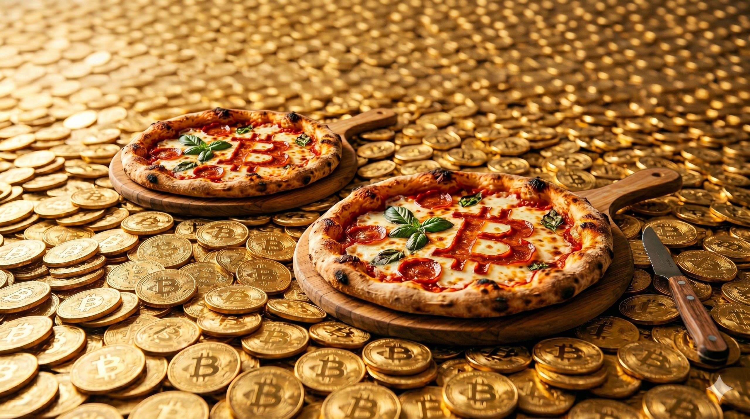 Eine detaillierte Nahaufnahme im Stil der Food-Fotografie, die zwei handwerklich hergestellte, holzgefeuerte Pizzen auf runden Holzbrettern zeigt, eingebettet in ein endloses Meer aus glänzenden, geprägten goldenen Bitcoin-Münzen. Beide Pizzen haben klassische Toppings aus schmelzendem Mozzarella-Käse, Tomatensauce, Peperoni und frischen Basilikumblättern. Das ikonische 'B'-Symbol des Bitcoin-Logos ist auf beiden Pizzen mithilfe von Peperonis und geschmolzenem Käse prominent geformt. Die Pizza im Vordergrund ist etwas größer und deutlicher im Fokus, wobei das Bitcoin-Symbol und der frische Basilikum scharf zu erkennen sind. Die Pizza im Hintergrund ist leicht versetzt und ebenfalls vollständig sichtbar, mit einem ähnlichen Belag und einem klar erkennbaren Bitcoin-Symbol. Ein Rustikales Steakmesser mit Holzgriff liegt rechts neben der vorderen Pizza auf den Münzen. Der Hintergrund besteht vollständig aus unzähligen goldenen Bitcoin-Münzen, die eine texturierte, metallische Landschaft bilden und in die Unschärfe übergehen. Das warme, goldene Licht hebt die Texturen der Pizza-Krusten, den Glanz des Käses und die Prägungen der Bitcoin-Münzen hervor. Die Pizzen ruhen direkt auf dem Bett aus Münzen. Das Bild ist aus einer leicht erhöhten Perspektive aufgenommen und feiert den Bitcoin Pizza Day.