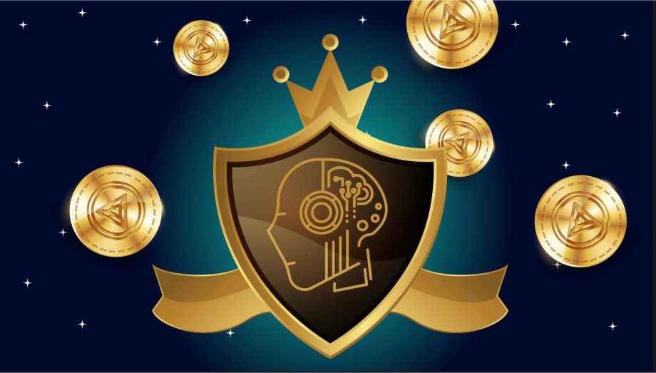 Oben thront ein goldener Schild mit einem stilisierten Kopf und einem Schaltkreisdesign, umgeben von schwebenden Goldmünzen mit einem dreieckigen Symbol, das einen innovativen AI-Token-Vorverkauf auf dunkelblauem Hintergrund hervorhebt.