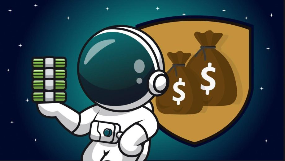 Cartoon-Astronaut hält einen Stapel Geld vor einem Schild mit Geldsäcken, vor einem sternenklaren Weltraumhintergrund.