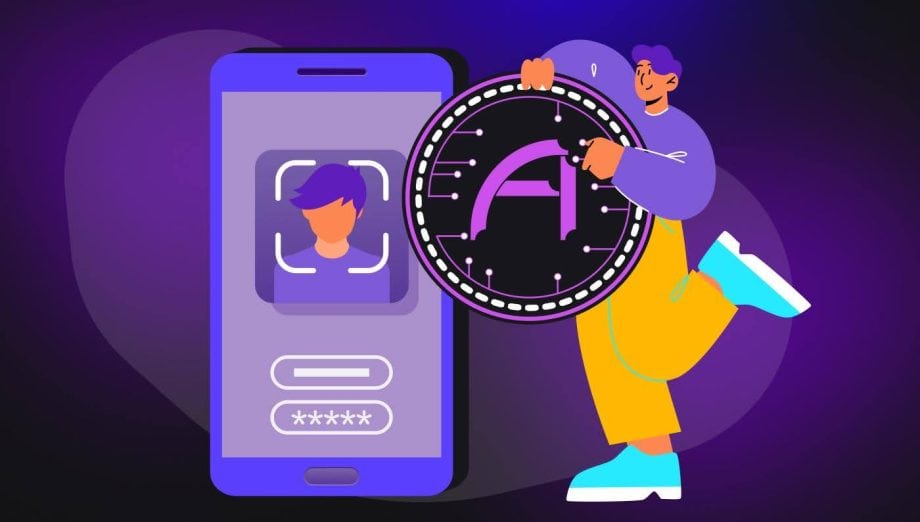 Abbildung einer Person, die einen großen digitalen Sicherheitstoken von AlgosOne neben einem Smartphone hält, auf dem ein Passwort und ein Profilbild auf violettem Hintergrund angezeigt werden.