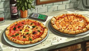 Auf einer Küchentheke liegen zwei Pizzen, eine davon mit dem Bitcoin-Symbol belegt, neben einem Smartphone mit einem QR-Code, einer Flasche Wein und einer Pflanze.