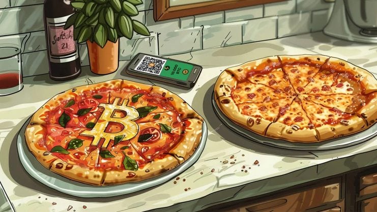 Auf einer Küchentheke liegen zwei Pizzen, eine davon mit dem Bitcoin-Symbol belegt, neben einem Smartphone mit einem QR-Code, einer Flasche Wein und einer Pflanze.