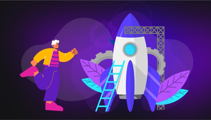 Illustration einer Person, die auf ein großes, im Bau befindliches Raumschiff zugeht, mit Leiter, Zahnrädern und Blättern im Hintergrund auf einem dunklen Farbverlaufshintergrund – wie ein automatisch gespeicherter Entwurf, der zum Leben erwacht.