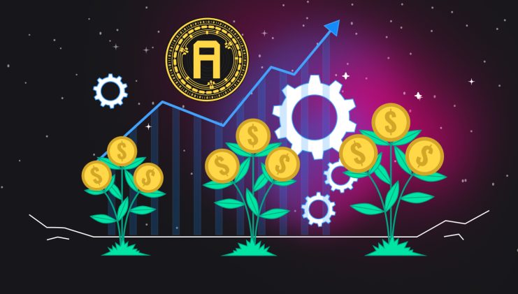 Abbildung von AiAO-Geldanlagen und digitalen Münzen mit Zahnrädern und einer nach oben gerichteten Linie, die finanzielles Wachstum und Investitionen in Technologie oder Kryptowährung darstellen.