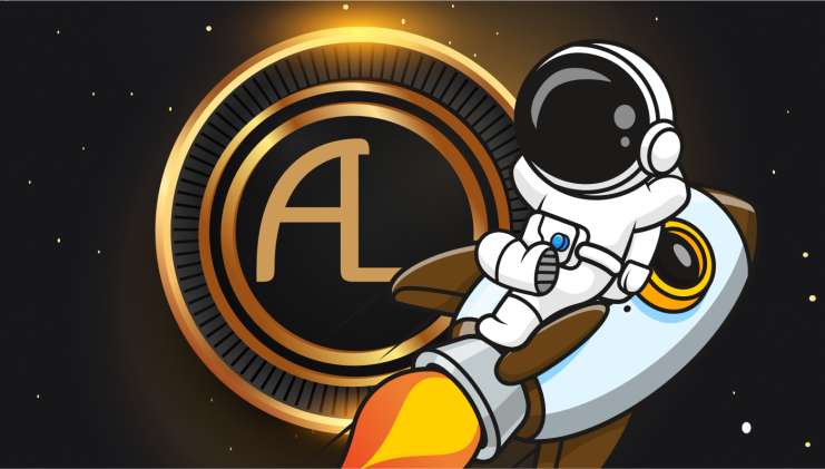 Ein Cartoon-Astronaut fliegt in einer Rakete durch den Weltraum, mit einem runden gold-schwarzen Emblem mit den Buchstaben AL im Hintergrund – wie ein automatisch gespeicherter Entwurf, der zwischen den Sternen zum Leben erweckt wird.