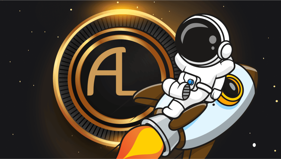 Ein Cartoon-Astronaut fliegt in einer Rakete durch den Weltraum, mit einem runden gold-schwarzen Emblem mit den Buchstaben AL im Hintergrund – wie ein automatisch gespeicherter Entwurf, der zwischen den Sternen zum Leben erweckt wird.