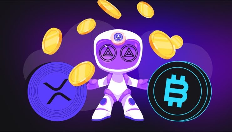 Ein Cartoon-Roboter steht zwischen großen Symbolen von XRP und Bitcoin, um ihn herum schweben Goldmünzen vor einem dunkelvioletten Hintergrund – wie ein automatisch gespeicherter Entwurf, der zum Leben erweckt wird.