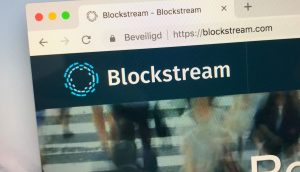 Screenshot Die Homepage der Blockstream-Website wird angezeigt ein Webbrowser mit dem Blockstream-Logo und der Website-Adresse Hervorhebung seines Engagements Bitcoin und Erfolg.