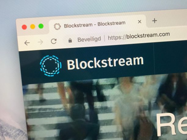 Screenshot Die Homepage der Blockstream-Website wird angezeigt ein Webbrowser mit dem Blockstream-Logo und der Website-Adresse Hervorhebung seines Engagements Bitcoin und Erfolg.