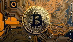 Eine goldfarbene Bitcoin-Münze liegt auf einer Computer-Hauptplatine und verdeutlicht die Verbindung zwischen Bitcoin und modernen elektronischen Schaltkreisen.