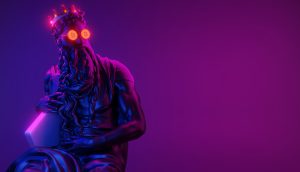 Eine klassische Statue mit beleuchteten Bitcoin-Symbolen als Augen und einer Neonkrone steht vor einem violett-rosa Farbverlaufshintergrund und verkörpert den Geist von Coins 2030 und die Zukunft der besten Coins für den Vermögensaufbau.