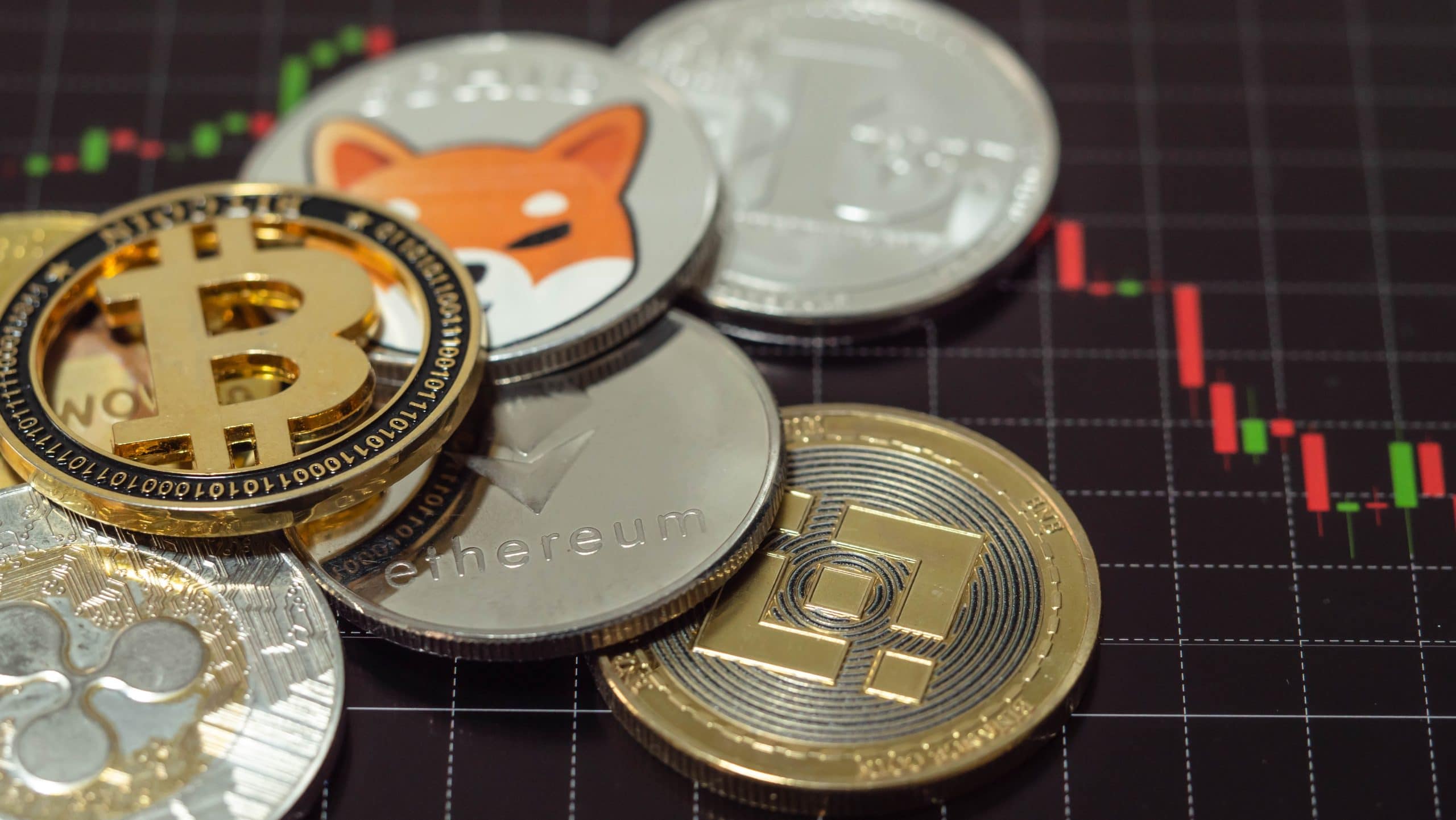 Mehrere Kryptomünzen, darunter Bitcoin, Ethereum und Shiba Inu, werden auf einem Finanzdiagramm mit roten und grünen Kerzenmustern platziert.