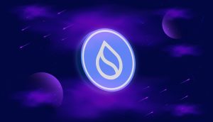 Eine leuchtend blaue Sui-Münze mit einem Wassertropfensymbol schwebt vor einem violetten, kosmischen Hintergrund mit Planeten und Lichtstreifen.