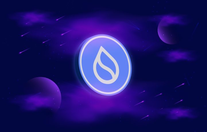Eine leuchtend blaue Sui-Münze mit einem Wassertropfensymbol schwebt vor einem violetten, kosmischen Hintergrund mit Planeten und Lichtstreifen.