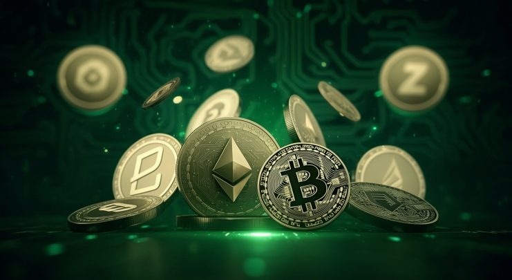 Eine Gruppe verschiedener Kryptowährungsmünzen, darunter Bitcoin und Ethereum, werden vor einem grünen digitalen Hintergrund mit Schaltkreismustern angezeigt und symbolisieren die dynamische Welt des Krypto-Handels.