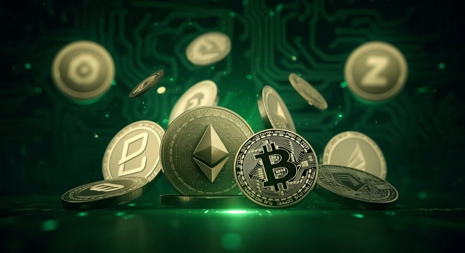 Eine Gruppe verschiedener Kryptowährungsmünzen, darunter Bitcoin und Ethereum, werden vor einem grünen digitalen Hintergrund mit Schaltkreismustern angezeigt und symbolisieren die dynamische Welt des Krypto-Handels.