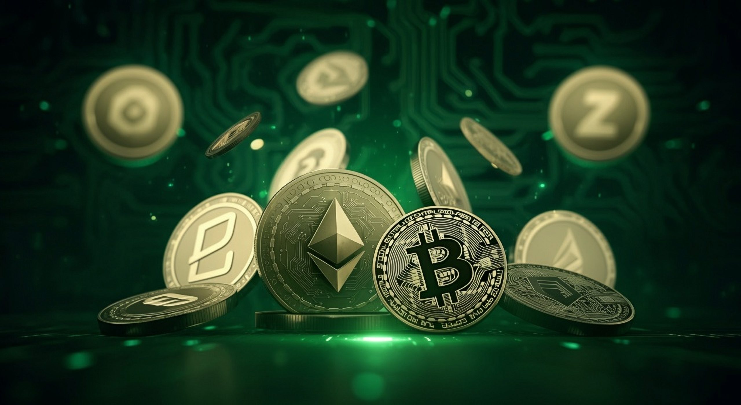 Eine Gruppe verschiedener Kryptowährungsmünzen, darunter Bitcoin und Ethereum, werden vor einem grünen digitalen Hintergrund mit Schaltkreismustern angezeigt und symbolisieren die dynamische Welt des Krypto-Handels.
