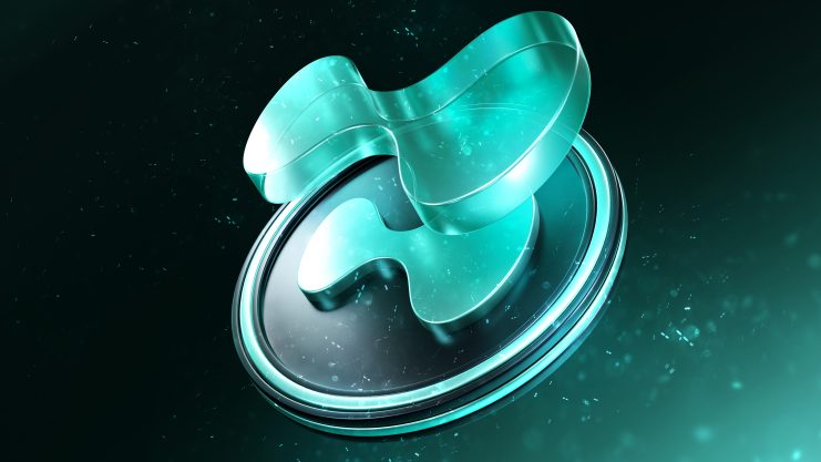 Eine transparente, blaugrüne abstrakte Form schwebt über einer Münze mit dem Hyperliquid-Logo