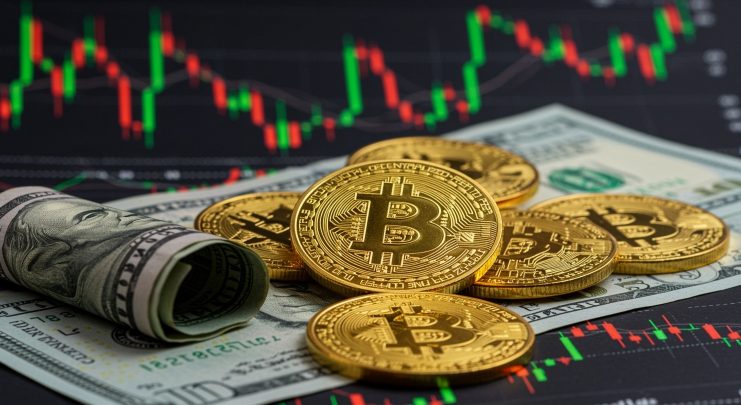 Auf US-Dollarscheinen sind mehrere goldfarbene Bitcoin-Token platziert. Im Hintergrund wird ein finanzielles Candlestick-Chart angezeigt, das den Einfluss von Bitcoin auf traditionelle Währungen und Markttrends verdeutlicht.