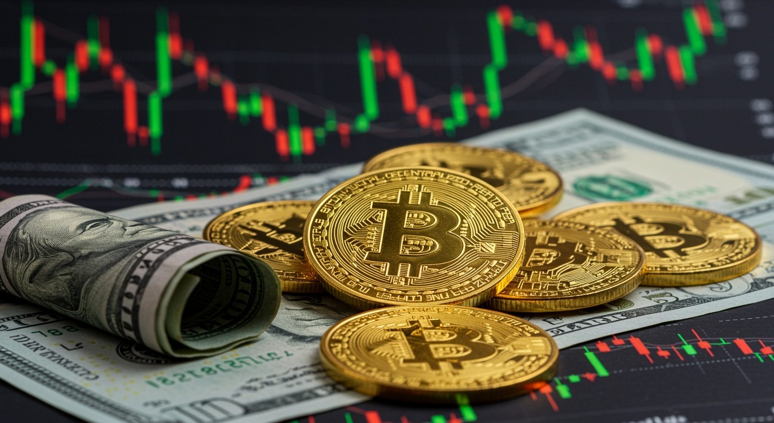 Auf US-Dollarscheinen sind mehrere goldfarbene Bitcoin-Token platziert. Im Hintergrund wird ein finanzielles Candlestick-Chart angezeigt, das den Einfluss von Bitcoin auf traditionelle Währungen und Markttrends verdeutlicht.
