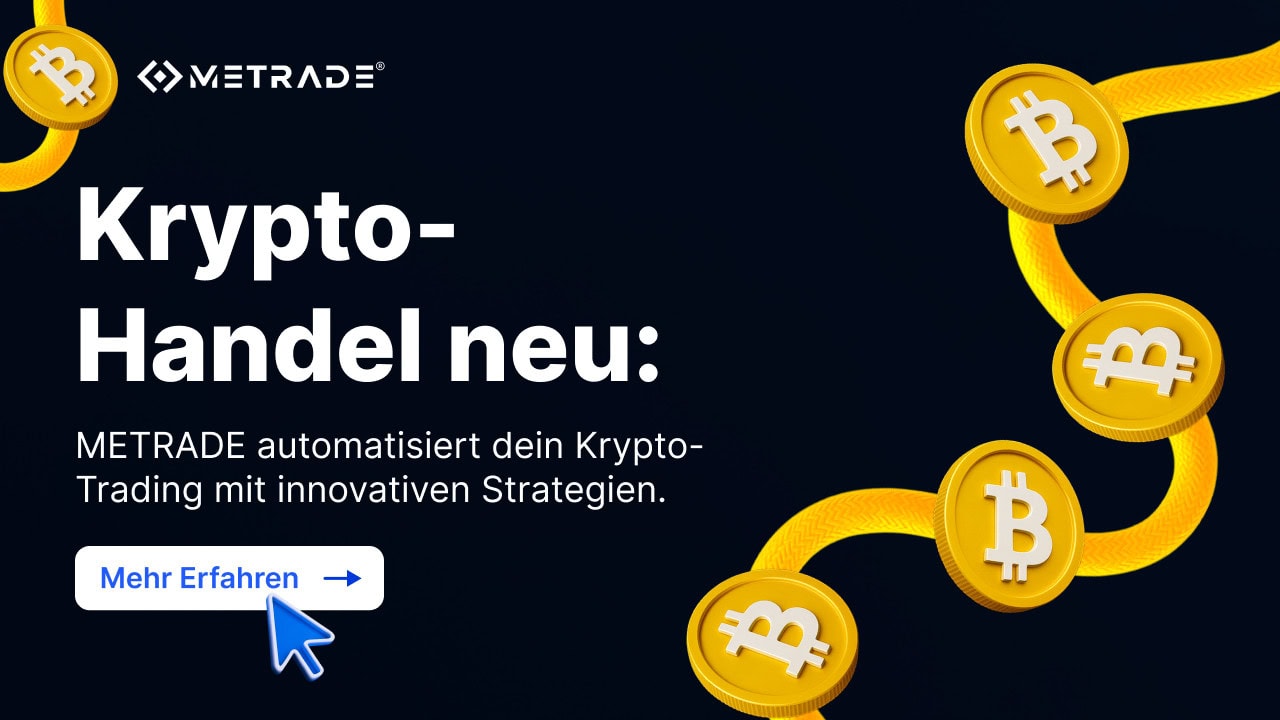 Automatisierter Krypto-Handel mit METRADE - erleben Sie einfache Investments! Entdecken Sie unsere Plattform, illustriert mit Bitcoin-Münzen, und klicken Sie auf "Mehr Erfahren" für Details.
