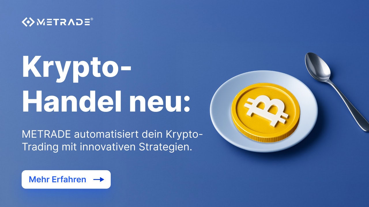 Eine gelbe Münze mit einem Bitcoin-Symbol auf einem Teller neben einem Löffel, mit deutschem Text, der für den automatisierten Kryptohandel von METRADE wirbt.