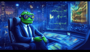 Ein humanoider Frosch namens Bitcoin Pepe in Anzug und Schutzbrille sitzt an einem futuristischen Kontrollpult mit digitalen Bildschirmen vor dem Hintergrund einer nächtlichen Stadtlandschaft mit hohen Gebäuden und leuchtenden Neonlichtern.