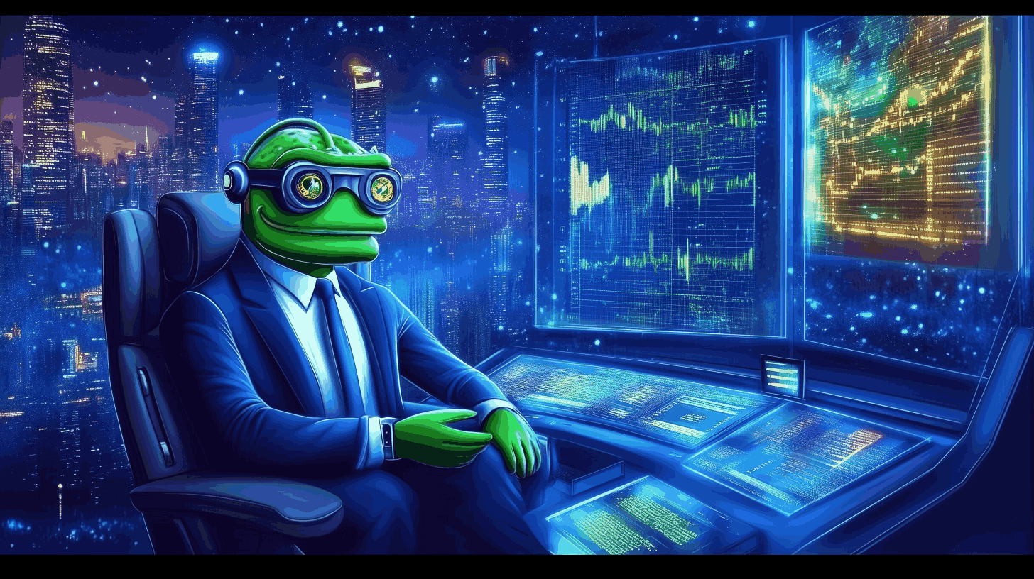 Ein humanoider Frosch namens Bitcoin Pepe in Anzug und Schutzbrille sitzt an einem futuristischen Kontrollpult mit digitalen Bildschirmen vor dem Hintergrund einer nächtlichen Stadtlandschaft mit hohen Gebäuden und leuchtenden Neonlichtern.