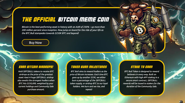 Ein Cartoon-Bulle in Armeemontur, der einen Speer und einen Schild mit Bitcoin-Symbolen hält, steht vor Gewitterwolken; außerdem wird ein Werbetext für eine Bitcoin-Meme-Münze und den Aufstieg der Altcoins angezeigt.