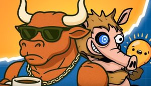 Ein Cartoon-Bulle mit Sonnenbrille und Goldkette hält eine Kaffeetasse neben einem skurrilen Wesen mit einem blauen Auge, das eine Glühbirne hält, vor einem orangefarbenen und blauen Hintergrund, der den verspielten Geist der Memecoins widerspiegelt.