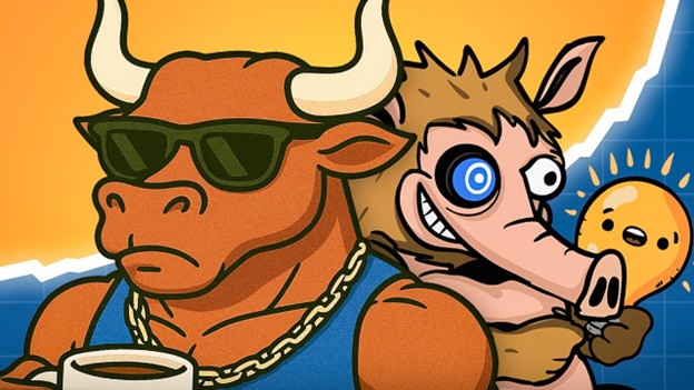 Ein Cartoon-Bulle mit Sonnenbrille und Goldkette hält eine Kaffeetasse neben einem skurrilen Wesen mit einem blauen Auge, das eine Glühbirne hält, vor einem orangefarbenen und blauen Hintergrund, der den verspielten Geist der Memecoins widerspiegelt.