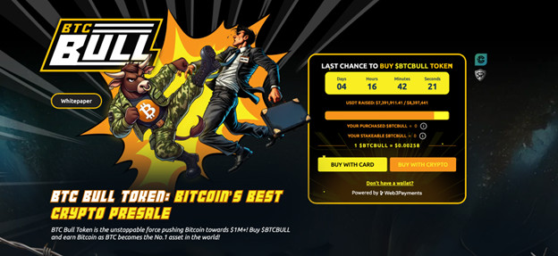 Ein Mann im Anzug rennt vor einem angreifenden Stier mit einem Bitcoin-Symbol davon und wirbt mit einem Countdown-Timer, Kaufoptionen und Anspielungen auf beliebte Memecoins im Kryptobereich für den BTC Bull Token-Vorverkauf.