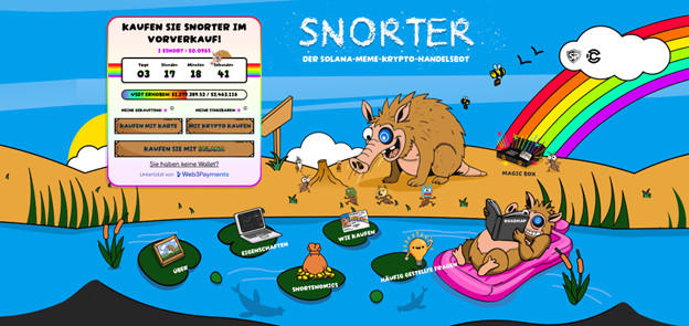 Cartoon-Szene mit Wildschweinfiguren, die an einem Fluss Laptops benutzen, Regenbogen im Hintergrund; deutscher Text wirbt für den Vorverkauf von Snorter, einer Solana Meme-Krypto-Handelsplattform für Memecoins.