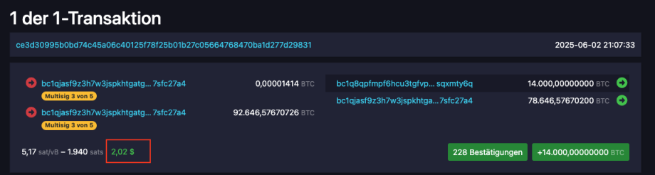 Screenshot einer Übersicht über Kryptowährungstransaktionen mit Absender- und Empfängeradressen, überwiesenen Beträgen, Gebühren, Bestätigungen und Transaktionszeit.