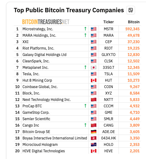 Tabelle mit den größten öffentlichen Bitcoin-Finanzunternehmen mit ihren Tickersymbolen und der Menge der gehaltenen Bitcoin; Microstrategy, Inc. führt mit 592.345 BTC - was zeigt, wie Unternehmen in große Bitcoin-Bestände ausbrechen können.