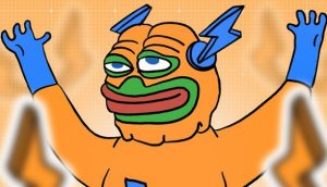Zeichentrickfigur mit grünem Gesicht, großen roten Lippen, orangefarbenem Anzug und blauer Blitzkopfbedeckung und Handschuhen, die Arme in einer BTC-Bull-Pose vor einem orangefarbenen Hintergrund erhoben.