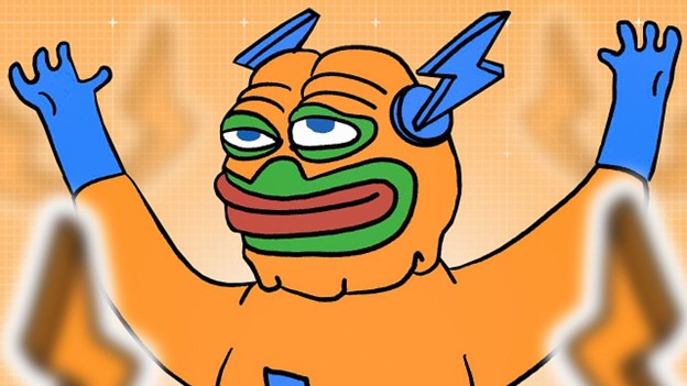 Zeichentrickfigur mit grünem Gesicht, großen roten Lippen, orangefarbenem Anzug und blauer Blitzkopfbedeckung und Handschuhen, die Arme in einer BTC-Bull-Pose vor einem orangefarbenen Hintergrund erhoben.