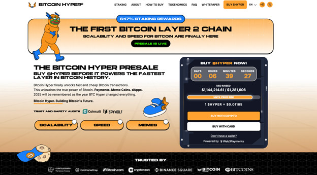Screenshot der Bitcoin Hyper-Website, die für die Bitcoin Layer 2-Kette und den Vorverkauf wirbt, mit einem BTC Bull-Cartoon-Maskottchen, einem Countdown-Timer und detaillierten Vorverkaufsstatistiken.
